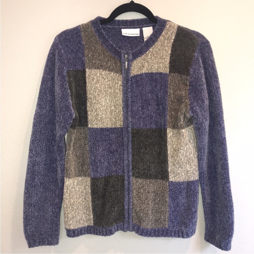 Vintage Checkered Sweater Purple, Grey, and Black Soft Cardigan Jacket
